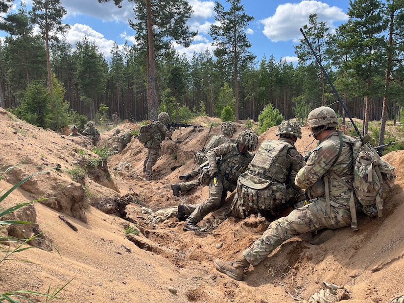 U.S. Army National Guard infantry and the United Kingdom's 7th Rifle Regiment conduct trench warfare training as part of Operation Baltic Fist in Tapa, Estonia between June 27 and July 17, 2023. Operation Baltic Fist is part of the Department of Defense's Military Reserves Exchange Program in which U.S. reserve forces train with joint NATO partners to share tactics and procedures in different joint environments. (U.S. Army National Guard photo courtesy of Staff Sgt. Peter Fleming)