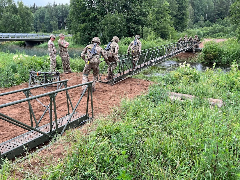 U.S. Army National Guard and the United Kingdom's 7th Rifle Regiment conduct water crossing training as part of Operation Baltic Fist in Tapa, Estonia between June 27 and July 17, 2023. Operation Baltic Fist is part of the Department of Defense's Military Reserves Exchange Program in which U.S. reserve forces train with joint NATO partners to share tactics and procedures in different joint environments. (U.S. Army National Guard photo courtesy of Staff Sgt. Peter Fleming)