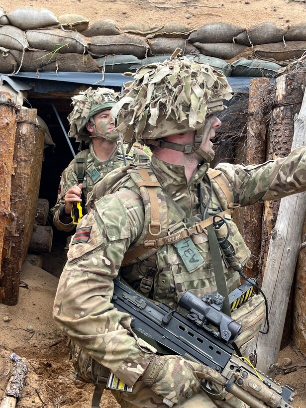 United Kingdom's 7th Rifle Regiment conducts trench warfare training as part of Operation Baltic Fist in Tapa, Estonia between June 27 and July 17, 2023. Operation Baltic Fist is part of the Department of Defense's Military Reserves Exchange Program in which U.S. reserve forces train with joint NATO partners to share tactics and procedures in different joint environments. (U.S. Army National Guard photo courtesy of Staff Sgt. Peter Fleming)