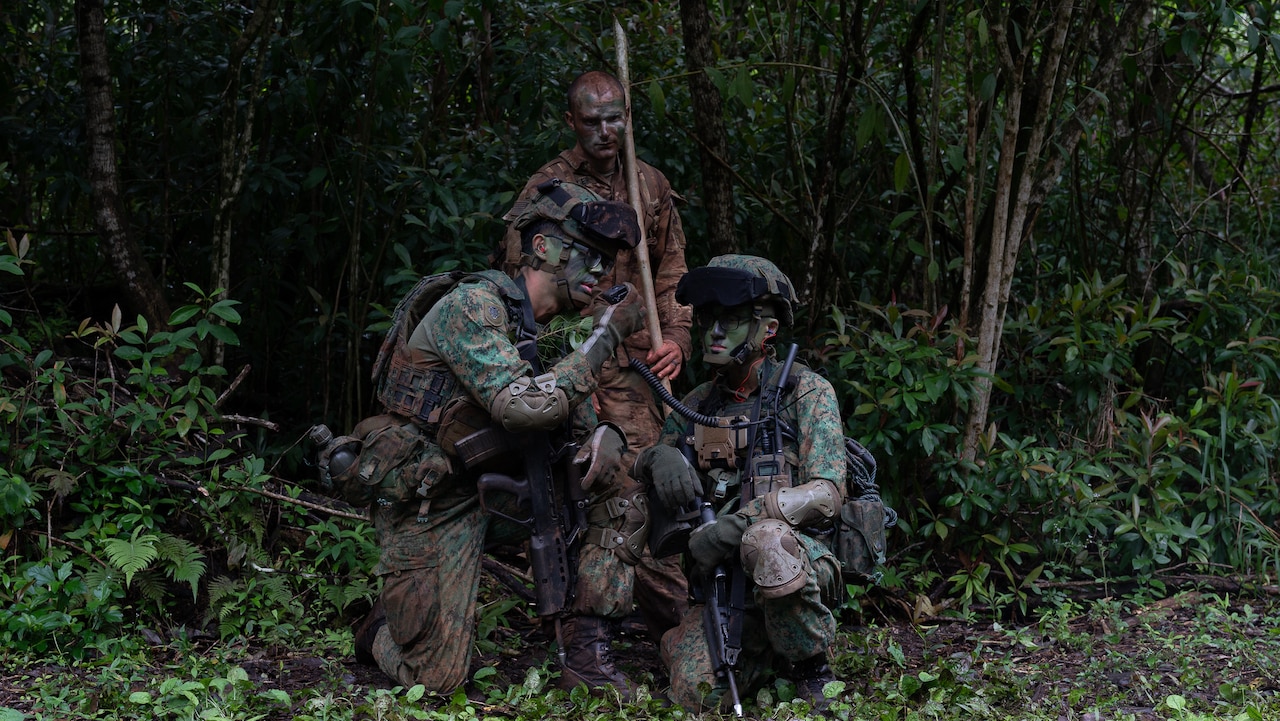 Military personnel in camouflage uniforms and face paint, kneel on the ground in a forest. One talks on a radio.