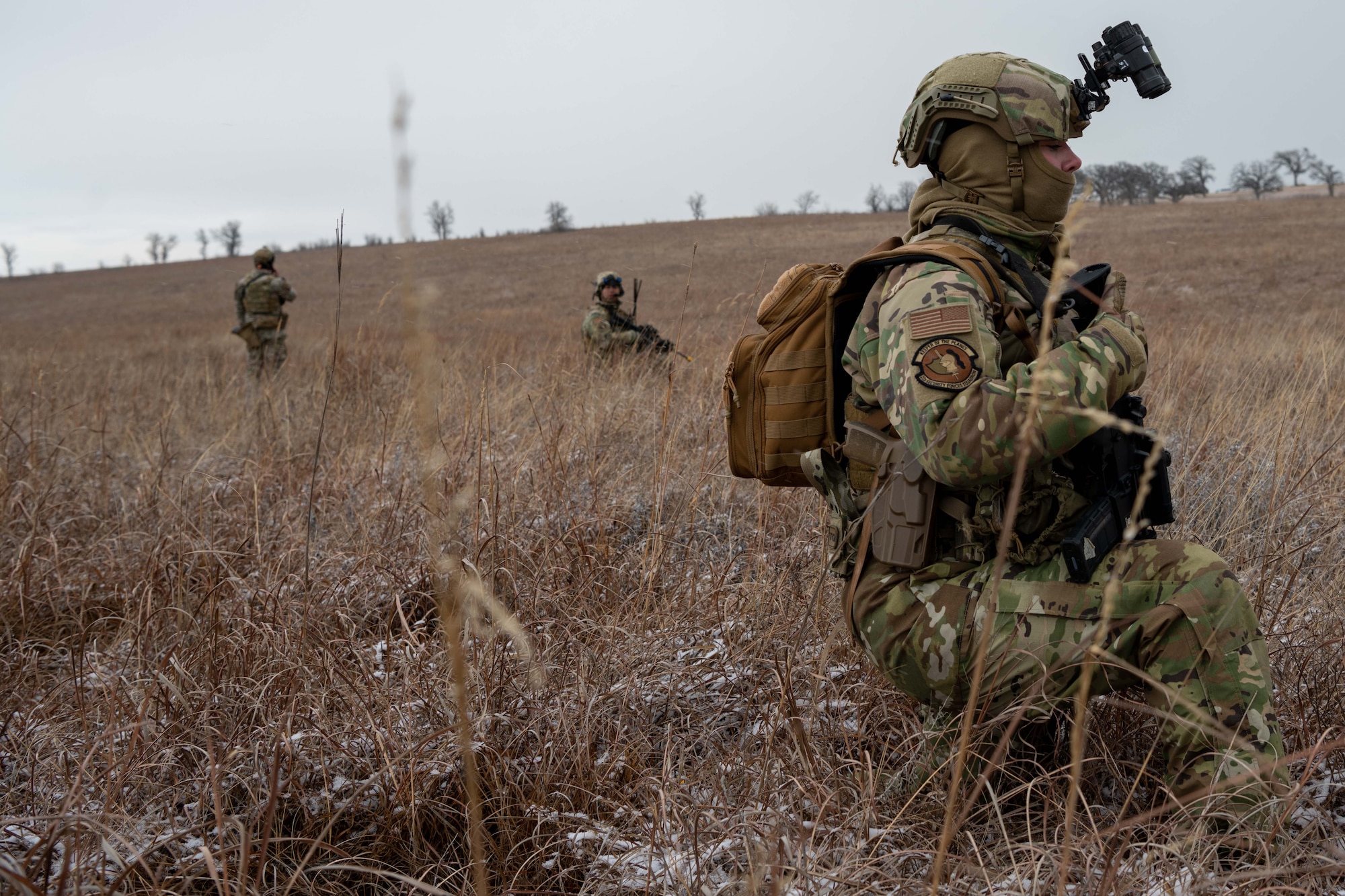 Airman 1st Class Kayla Pelham, 22nd Security Forces entry controller, prepares for a potential attack from an opposition force during Lethal Defender Dec. 2, 2023, at Smoky Hill Air National Guard Range, Kansas. Lethal Defender is a week-long training exercise that trained Defenders on all the elements to efficiently set up and maintain air bases. (U.S. Air Force photo by Airman 1st Class William Lunn)