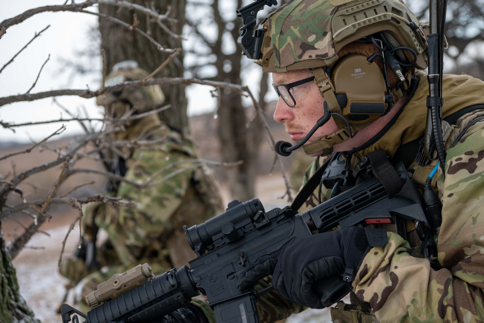 Airman 1st Class Cameron Teate, 22nd Security Forces Squadron entry controller, guards the perimeter of a newly
acquired air base during Lethal Defender Dec. 2, 2023, at Smoky Hill Air National Guard Range, Kansas. Lethal Defender is a week-long training exercise that trains Defenders on all the elements to efficiently set up and maintain air bases. (U.S. Air Force photo by Airman 1st Class William Lunn)