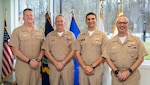 From left to right, Rear Adm. Walter Brafford, Chief of the Navy Dental Corps, commander of Naval Medical Forces Support Command (NMFSC), Rear Adm. Darin Via, Navy Surgeon General, Chief of Bureau of Medicine and Surgery (BUMED), Rear Adm. Rick Freedman, Deputy Surgeon General, Deputy Chief of BUMED, and Rear Adm. Robert Hawkins, Director of the Navy Nurse Corps poses for a photo after a group promotion ceremony at BUMED headquarters in Falls Church, Virginia, on December 6, 2023.



Brafford, a native of Lebanon, Missouri; Via, a native of Sullivan, Illinois; Freedman, a native of Philadelphia; and Hawkins a native of Liverpool, New York, received U.S. Senate confirmation in their respective ranks and roles on December 5, 2023.