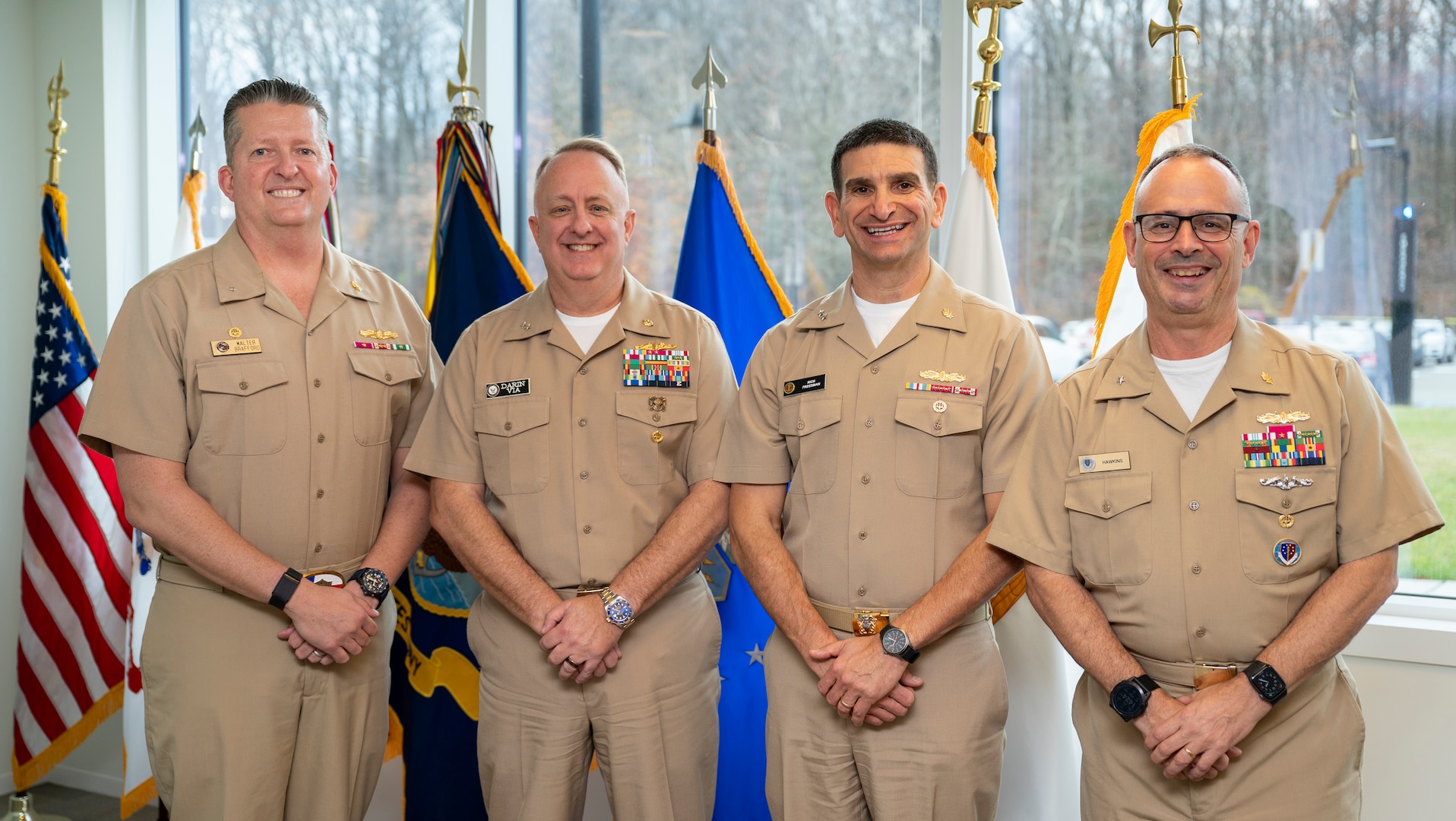 From left to right, Rear Adm. Walter Brafford, Chief of the Navy Dental Corps, commander of Naval Medical Forces Support Command (NMFSC), Rear Adm. Darin Via, Navy Surgeon General, Chief of Bureau of Medicine and Surgery (BUMED), Rear Adm. Rick Freedman, Deputy Surgeon General, Deputy Chief of BUMED, and Rear Adm. Robert Hawkins, Director of the Navy Nurse Corps poses for a photo after a group promotion ceremony at BUMED headquarters in Falls Church, Virginia, on December 6, 2023.



Brafford, a native of Lebanon, Missouri; Via, a native of Sullivan, Illinois; Freedman, a native of Philadelphia; and Hawkins a native of Liverpool, New York, received U.S. Senate confirmation in their respective ranks and roles on December 5, 2023.