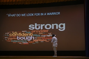 U.S. Air Force Chief Master Sgt. (Ret) Anthony Brinkley, speaks to attendees, during the Warrior Heart event at MacDill Air Force Base, Florida, Dec. 4, 2023. Brinkley is a recognized leadership expert, inspirational speaker and CEO of ‘On the Brink Consulting’. Brinkley served 12 years and a First Sergeant and six as a command chief. (U.S. Air Force photo By Senior Airman Jessica Do)