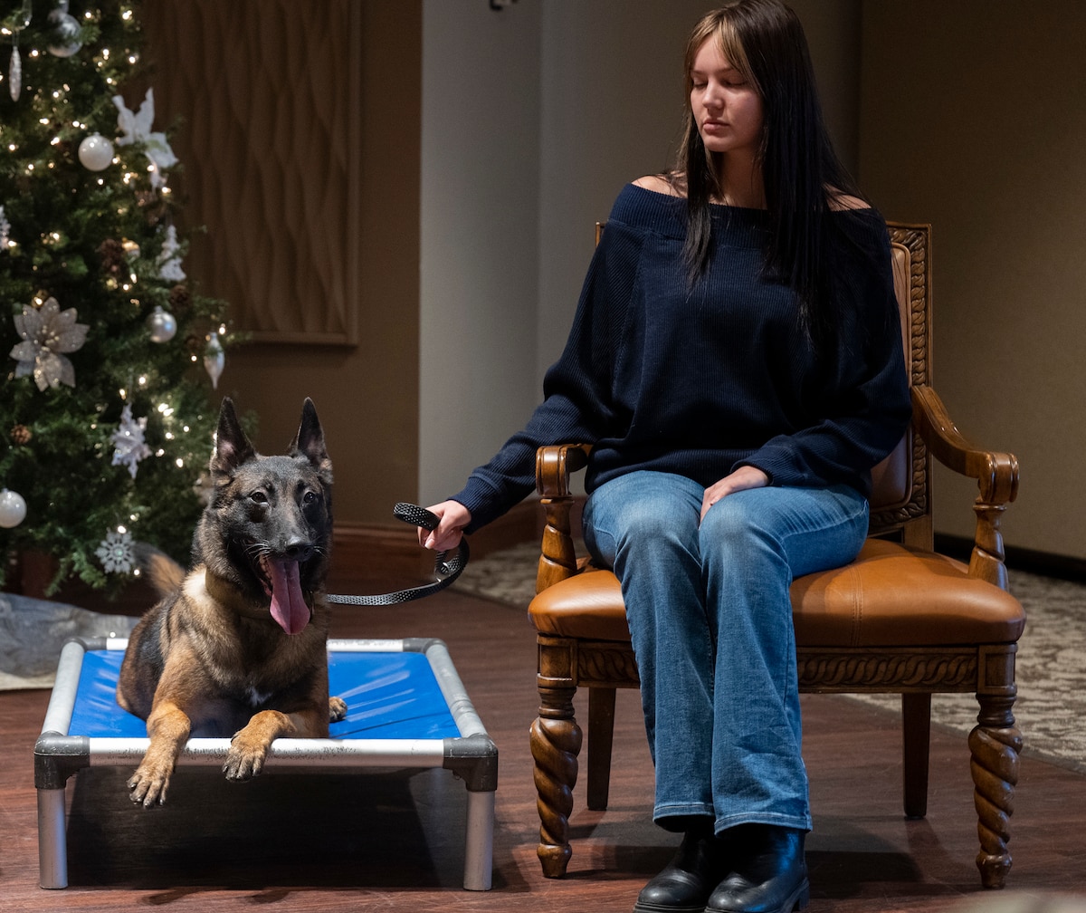 A woman sits in a chair next to a dog sitting on a small platform. She is holding his leash. There is  a Christmas tree in the background.