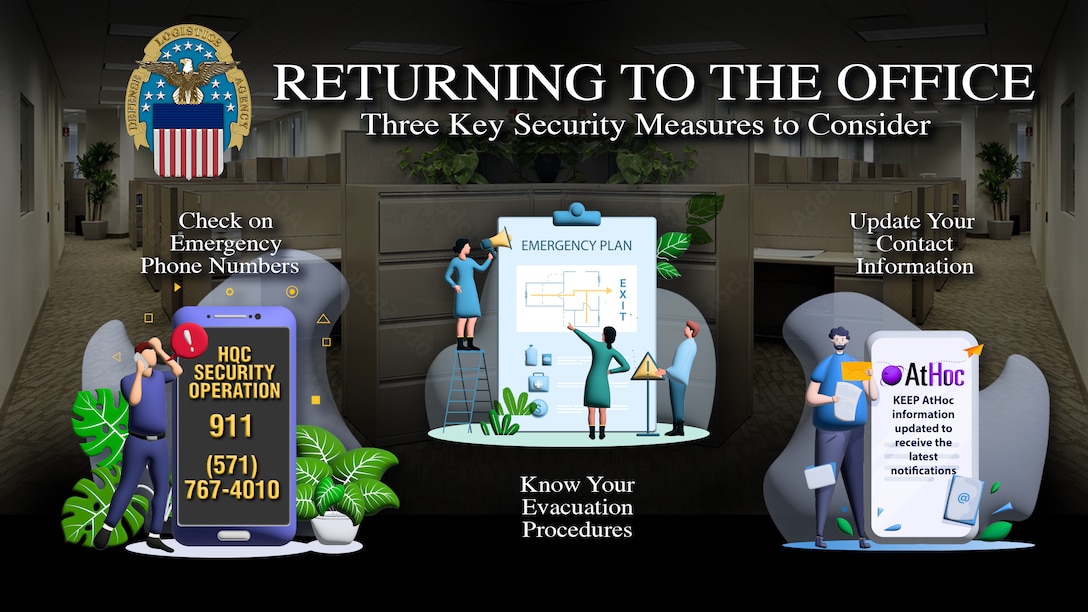 An illustration showing what employees should do in regards to safety and security when returning to the office on a more regular basis.