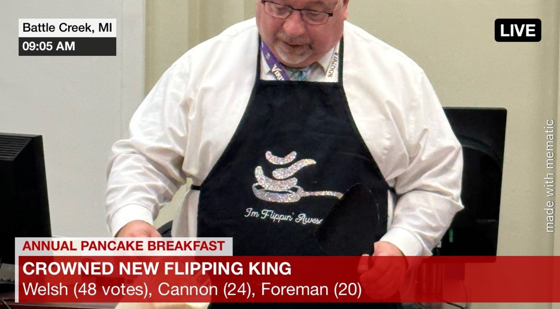Fake news feed reading annual pancake breakfast live update. Crowned new flipping king Welsh (48 votes), Cannon (24), Foreman (20)
