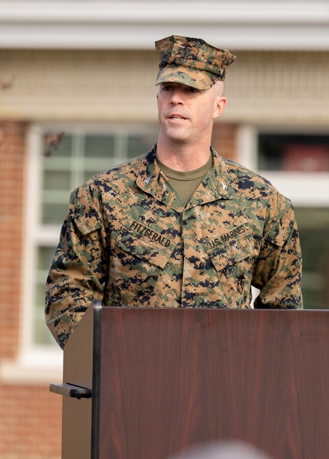 U.S. Marine Corps Col. Michael Fitzgerald, Chief of Staff, Marine Corps Installations East-Marine Corps Base (MCB) Camp Lejeune, gives remarks at the Commander Charles K. Springle Behavioral Health Complex building rededication ceremony at Midway Park on MCB Camp Lejeune, North Carolina, Dec. 4, 2023. Springle was killed in Iraq in 2009 after serving 21 years in the U.S. Navy as a licensed clinical social worker. In his memory, the building honors his dedication to helping fellow service members. (U.S. Marine Corps photo by Lance Cpl. Alyssa J. Deputee)