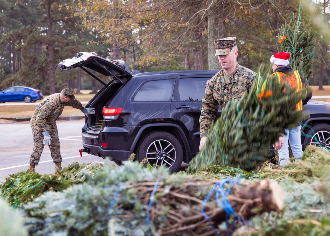 U.S. Marine Corps Sgt. Maj. Ryan A. Gnecco, left, sergeant major, and Col. Michael J. Fitzgerald, chief of staff, both with Marine Corps Installations East-Marine Corps Base (MCB) Camp Lejeune give Christmas trees to families during the Trees for Troops event on MCB Camp Lejeune, North Carolina, Dec. 1, 2023.  Trees for Troops is an annual event held by the Christmas SPIRIT Foundation providing approximately 1,000 Christmas trees to Department of Defense personnel on MCB Camp Lejeune and Marine Corps Air Station New River with a mission to spread Christmas spirit throughout every military family. (U.S. Marine Corps photo by Lance Cpl. Loriann Dauscher)