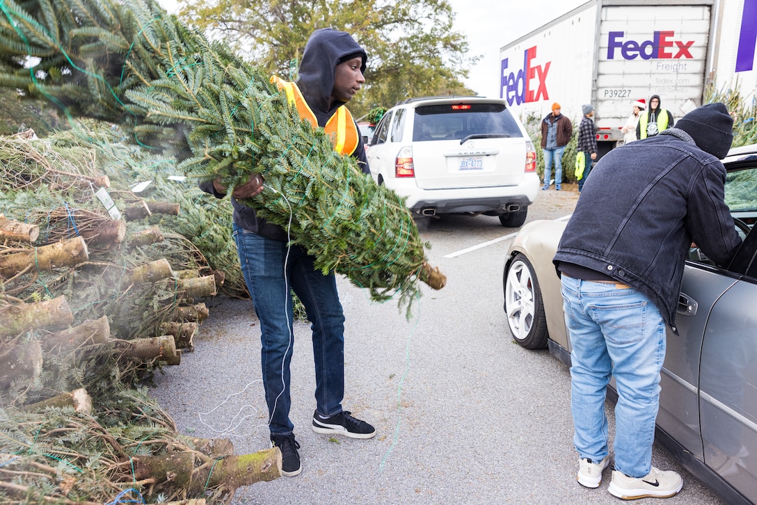 U.S. Marine Corps Sgt. Dimitri Adisson, left, a maintenance management specialist with G-4 Logistics Section, II Marine Expeditionary Force, holds a Christmas tree during the Trees for Troops event on Marine Corps Base (MCB) Camp Lejeune, North Carolina, Dec. 1, 2023.  Trees for Troops is an annual event held by the Christmas SPIRIT Foundation providing approximately 1,000 Christmas trees to Department of Defense personnel on MCB Camp Lejeune and Marine Corps Air Station New River with a mission to spread Christmas spirit throughout every military family. (U.S. Marine Corps photo by Lance Cpl. Loriann Dauscher)