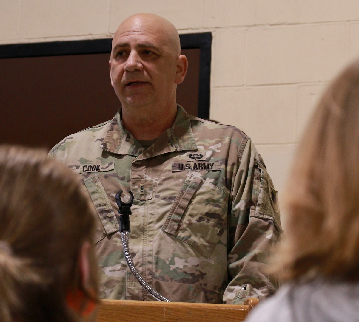 Illinois Army National Guard Chief Warrant Officer 3 Joseph Cook of Lincoln, Illinois, speaks to friends, family and fellow Soldiers at his retirement ceremony. He retired with more than 27 years of service on Dec. 3 at the Illinois National Guard's headquarters on Camp Lincoln in Springfield.