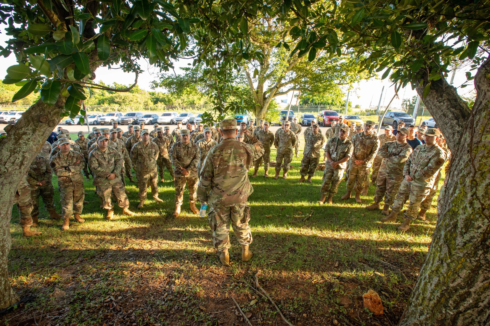 U.S. Air Force Brig. Gen. Humberto Pabon Jr., assistant adjutant general-air, Puerto Rico Air National Guard, addresses Airmen assigned to the 141st Air Control Squadron during a regular schedule drill, Aguadilla, Puerto Rico, Oct. 15, 2023. Pabon spoke about his leadership philosophy emphasizing respect, professionalism, and empowerment. (U.S. Air National Guard photo by Tech. Sgt. Josué Rivera)