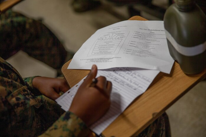 A U.S. Marine Corps recruit takes notes while listening to U.S. Marine Corps veteran Phil Downer who delivers a speech on resiliency to the Recruit Training Regiment at Marine Corps Recruit Depot San Diego, Dec. 4, 2023. Downer served with 2nd Battalion, 5th Marine Regiment, in Vietnam, where he learned the importance of resiliency and continues to pass his knowledge onto recruits and Marines. (U.S. Marine Corps photo by Sgt. Sydney Smith)