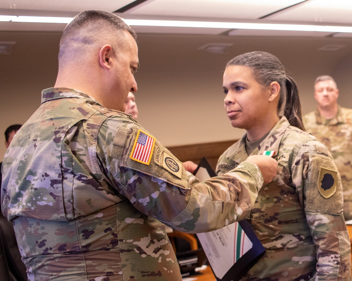 Brig. Gen. Mark Alessia, of Sherman, Illinois, Director of the Illinois National Guard Joint Staff, presents Capt. Crystal Rodrigues, of Pawnee, Illinois, Director of the Illinois National Guard State Partnership Program, with the Illinois Military Medal of Merit at a ceremony Dec. 5 at Joint Force Headquarters, Camp Lincoln, Springfield, Illinois.
