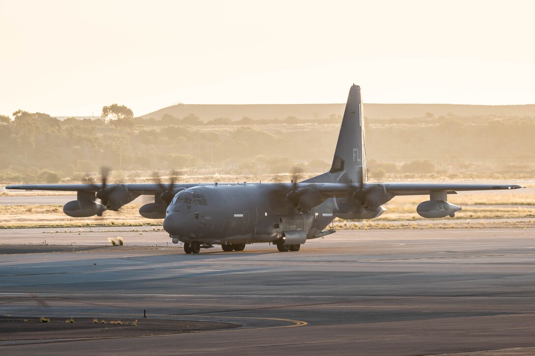 A U.S. Air Force HC-130J Combat King II aircraft assigned to the 920th Rescue Wing taxis to the flight line during combat search and rescue training with Marine Corps F-35B Lightning II aircraft assigned to Marine Fighter Attack Training Squadron (VMFAT) 502, Marine Aircraft Group 11, 3rd Marine Aircraft Wing, as part of Exercise Steel Knight 23.2 at Marine Corps Air Station Miramar, California, Dec. 5, 2023.  Combat search and rescue is a specialized operation carried out by rescue forces to safely retrieve isolated personnel from contested environments or emergency situations. Steel Knight 23.2 is a three-phase exercise designed to train I Marine Expeditionary Force in the planning, deployment and command and control of a joint force against a peer or near-peer adversary combat force and enhance existing live-fire and maneuver capabilities of the Marine Air-Ground Task Force. (U.S. Marine Corps photo by Lance Cpl. Alexis Ibarra)