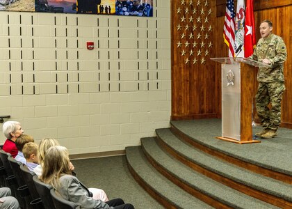 Col. Gregory Settle addresses those in attendance for his promotion ceremony at the Illinois Military Academy in Springfield, Illinois.