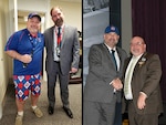 Two images of Arthur Welsh and Mike Cannon. The first Arthur is in full Cubs outfit and the second Cannon has a Cubs hat.