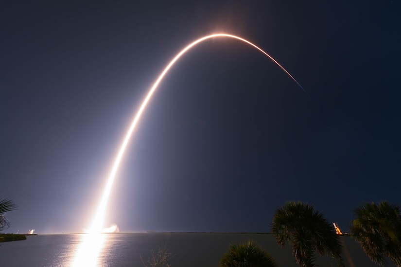 A rocket launches into space.