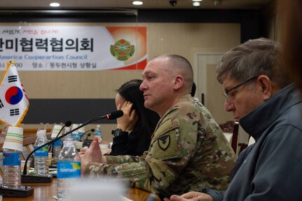 South Korea - Dongducheon City Mayor Park Hyeon-deok and United States Army Garrison (USAG) Yongsan-Casey Commander Col. Lloyd Brown co-chaired the second Korean-American Cooperation Council hosted at Dongducheon City Hall, Dec. 6. The goal of the Dongducheon/USAG Yongsan-Casey council is to promote cultural exchanges, cooperation and generate mutual understanding between both communities, together with the U.S. Forces Korea and 8th Army guidance to help strengthen partnerships. (U.S. Army photo by Pfc. Pomare Te'o)