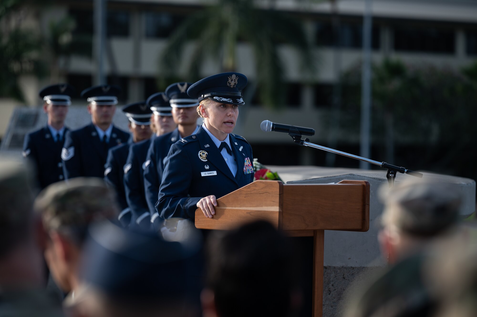Col. Michele Lo Bianco, 15th Wing commander, gives a speech during a December 7th Remembrance Ceremony at Joint Base Pearl Harbor-Hickam, Hawaii, Dec. 7, 2023. This year was the 82nd anniversary of the attacks on Pearl Harbor and Hickam field, where 189 service members were killed and 303 were wounded. (U.S. Air Force photo by Staff Sgt. Alan Ricker)