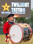 A drummer who is holding a bass drum is dressed in a Revolutionary War-era uniform that is red and includes a dark blue tri-cornered hat. In the distance behind him is a sign that reads U.S. Army Twilight Tattoo.