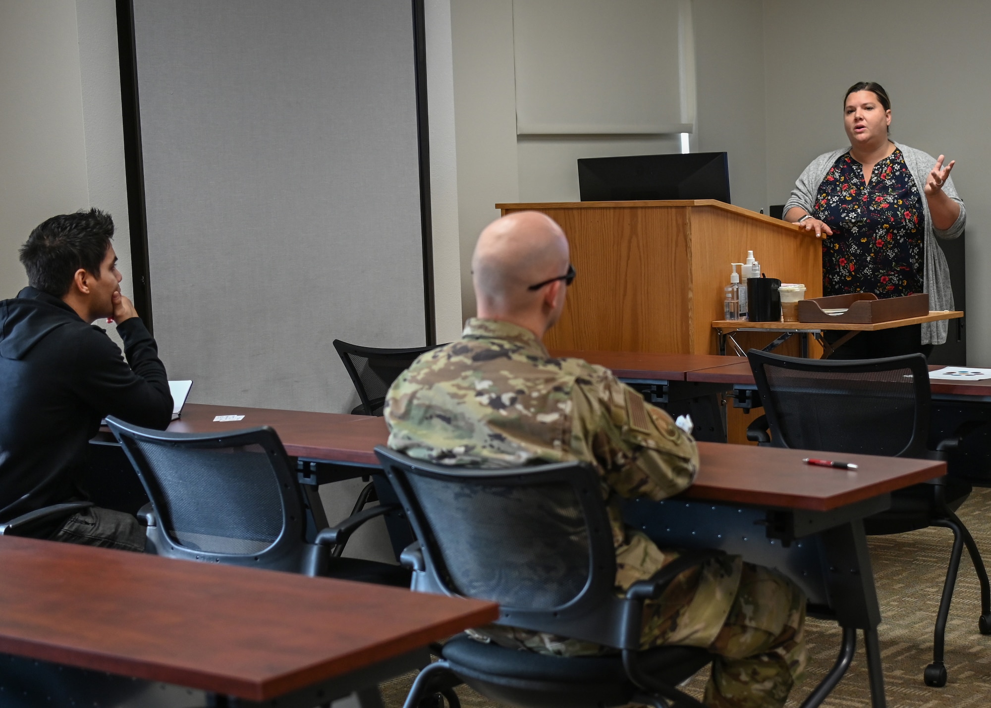 Jennifer Kreps, Military and Family Readiness Center employment specialist, enlightens members with different methods of social networking throughout in their careers during American Education Week.