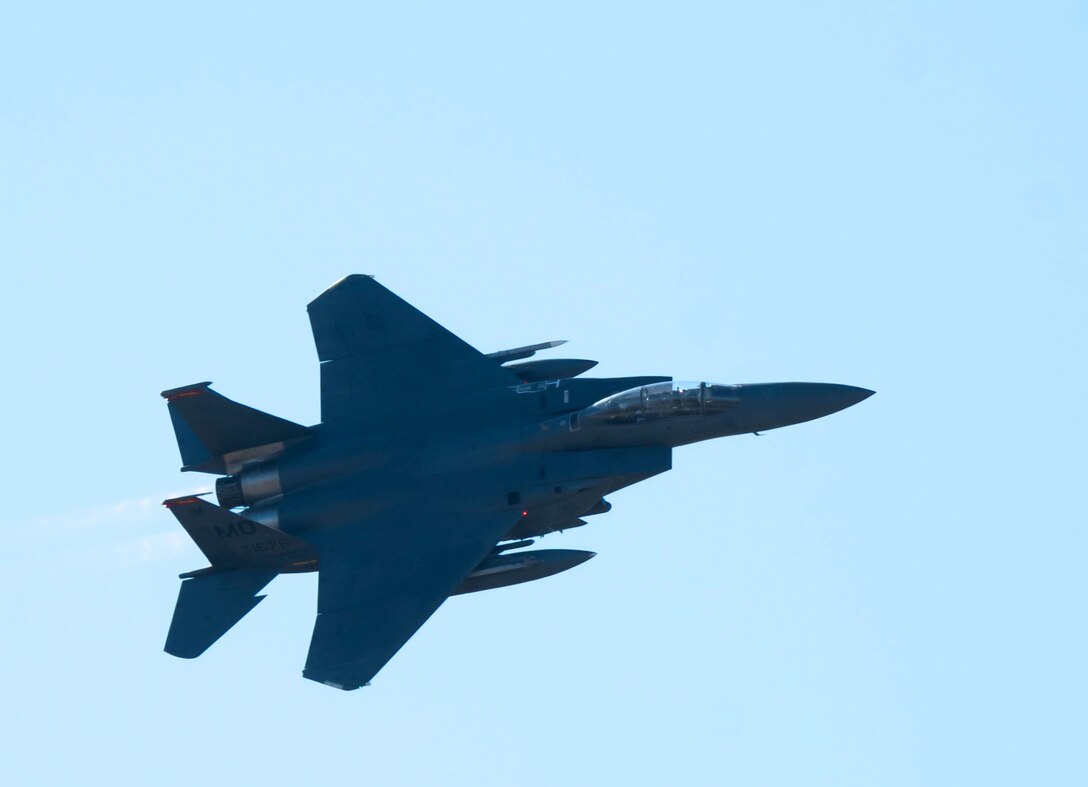 A U.S. Air Force F-15Es Strike Eagle aircraft assigned to the 389th Fighter Squadron, 366th Fighter Wing, flies over Marine Corps Air Station Miramar, California, during joint fixed-wing strike operations with Marine Corps F-35B Lightning II aircraft assigned to Marine Fighter Attack Training Squadron (VMFAT) 502, Marine Aircraft Group 11, 3rd Marine Aircraft Wing, as part of Exercise Steel Knight 23.2, Dec. 5, 2023. Steel Knight 23.2 is a three-phase exercise designed to train I Marine Expeditionary Force in the planning, deployment and command and control of a joint force against a peer or near-peer adversary combat force and enhance existing live-fire and maneuver capabilities of the Marine Air-Ground Task Force. (U.S. Marine Corps photo by Sgt. Luc Boatman)