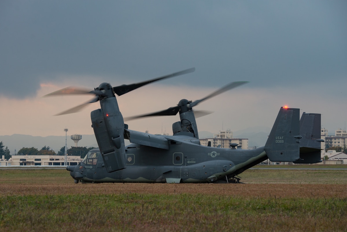CV-22 Osprey hovering over a runway