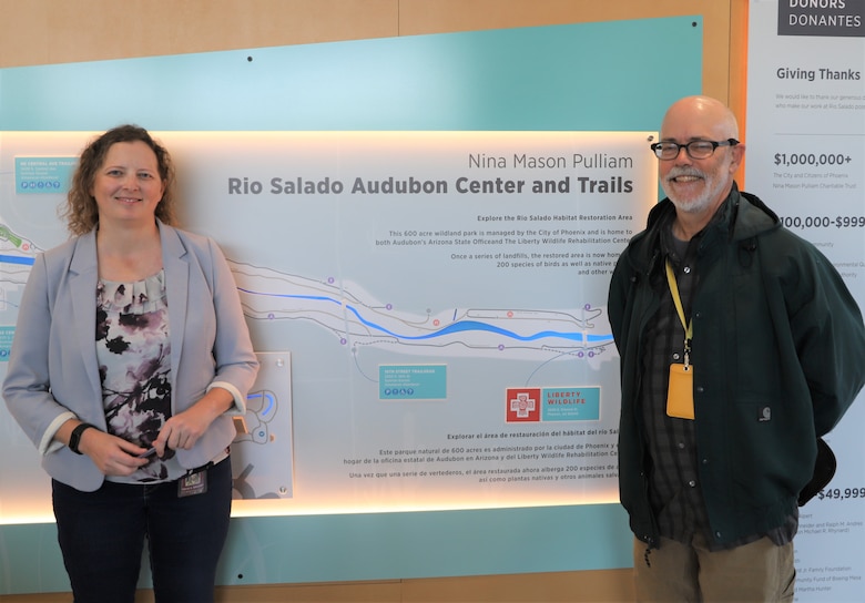 City of Phoenix Environmental Programs Coordinator Tricia Balluff and Los Angeles District archeologist Michael O’Hara after cohosting a public meeting for the proposed Rio Salado Oeste Project Nov. 18 at the Rio Salado Audubon Center in Phoenix.