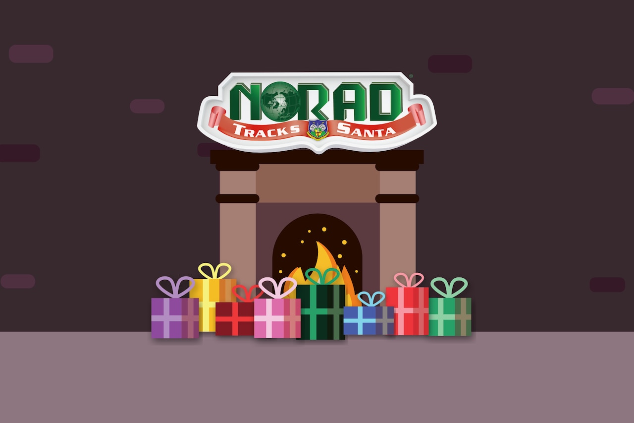 Illustration of wrapped gifts in front of a fireplace under a "NORAD TRACKS SANTA" logo.