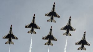 Underside of a six-ship Thunderbird formation as the jets pass overhead during Tinker Air Force Base.