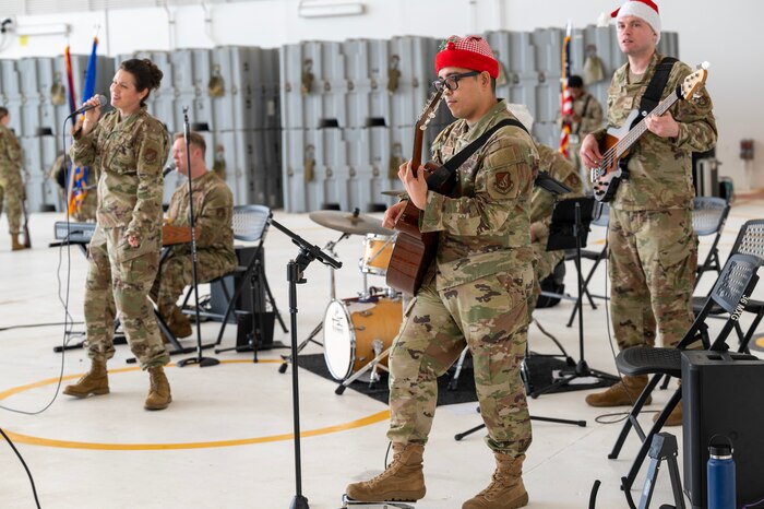 Photo of U.S. Air Force bandsmen playing at a ceremony