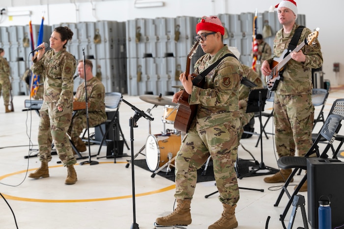 Photo of U.S. Air Force bandsmen playing at a ceremony