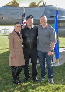 Steven Krueger and Paola Astudillo, husband and wife, enlisted in the Wisconsin Air National Guard's 115th Fighter Wing during a joint enlistment ceremony at Truax Field in Madison, Wisconsin, Nov. 22, 2023. Krueger, a prior Army Reservist and 115th Fighter Wing Airman, joined his wife for her first oath of enlistment after which his father, retired U.S. Army Col. Roy Krueger, administered his son's third.