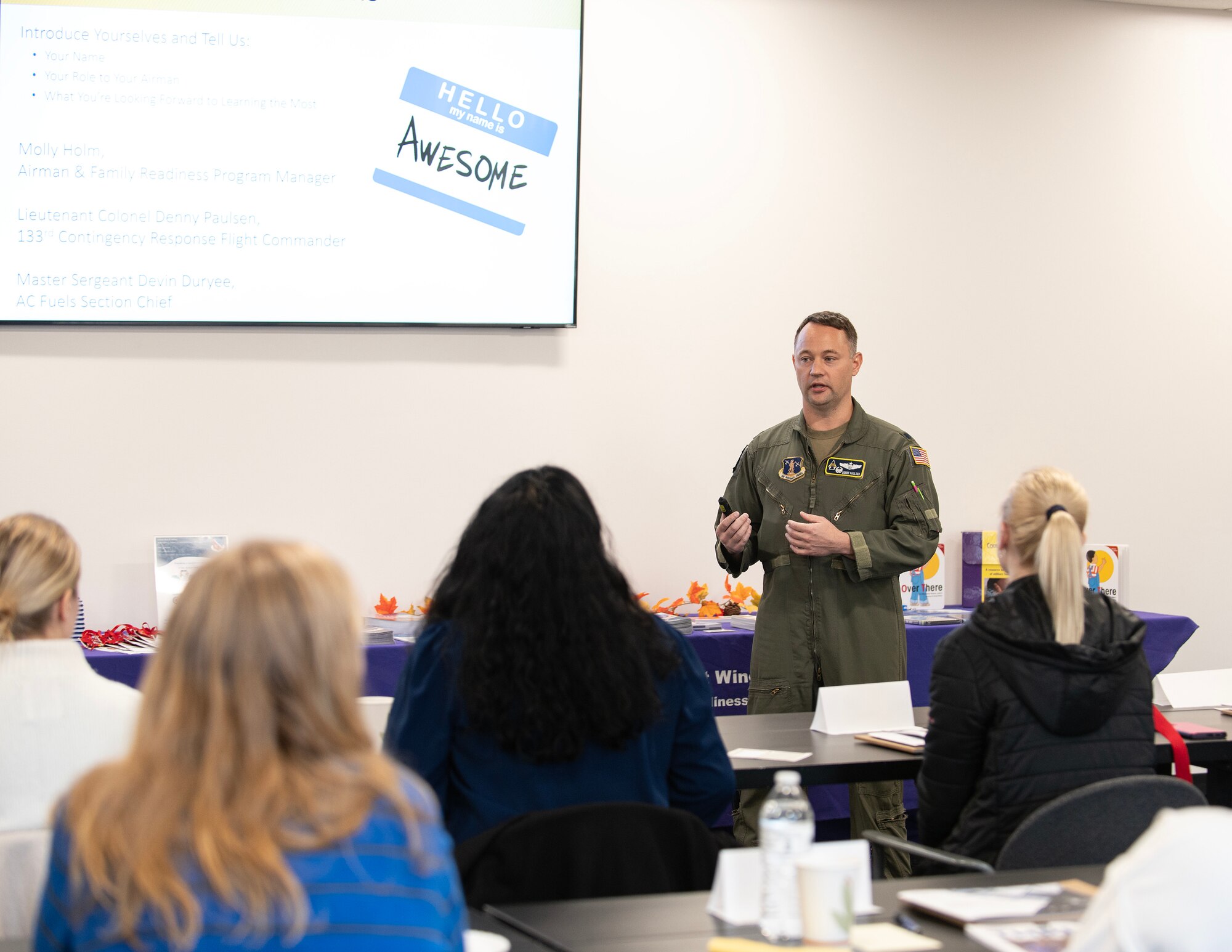 U.S. Air Force Lt. Col. Denny Paulsen, commander of the 133rd Contingency Response Team, talks about the history of the National Guard, the 133rd Airlift Wing, and the Minnesota National Guard in St. Paul, Minn., Nov. 17, 2023.