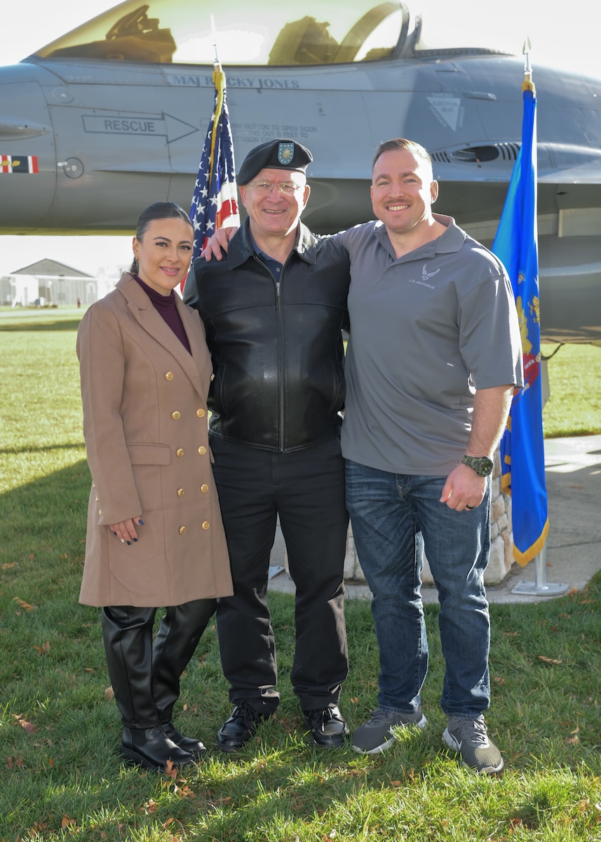 Steven Krueger and Paola Astudillo, husband and wife, enlisted in the Wisconsin Air National Guard's 115th Fighter Wing during a joint enlistment ceremony at Truax Field in Madison, Wisconsin, Nov. 22, 2023. Krueger, a prior Army Reservist and 115th Fighter Wing Airman, joined his wife for her first oath of enlistment after which his father, retired U.S. Army Col. Roy Krueger, administered his son's third.