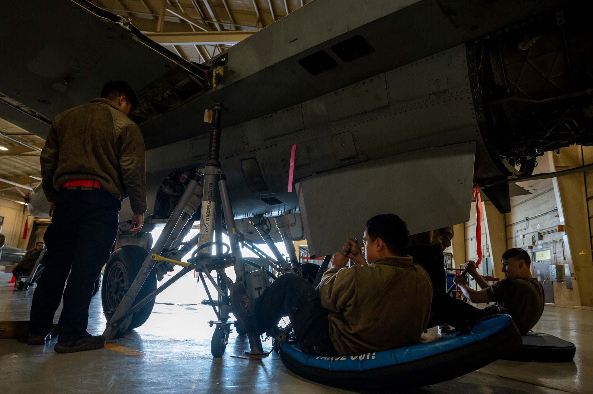 Airmen from the 49th Equipment Maintenance Squadron phase section use jacks to lift up an F-16 Viper for an inspection at Holloman Air Force Base, New Mexico, Dec. 1, 2023. The 49th EMS phase section inspects all aspects of an F-16, from exterior to interior, in order to check for any damage or infractions that would jeopardize the aircrafts stability in the sky. (U.S. Air Force photo by Airman 1st Class Isaiah Pedrazzini)