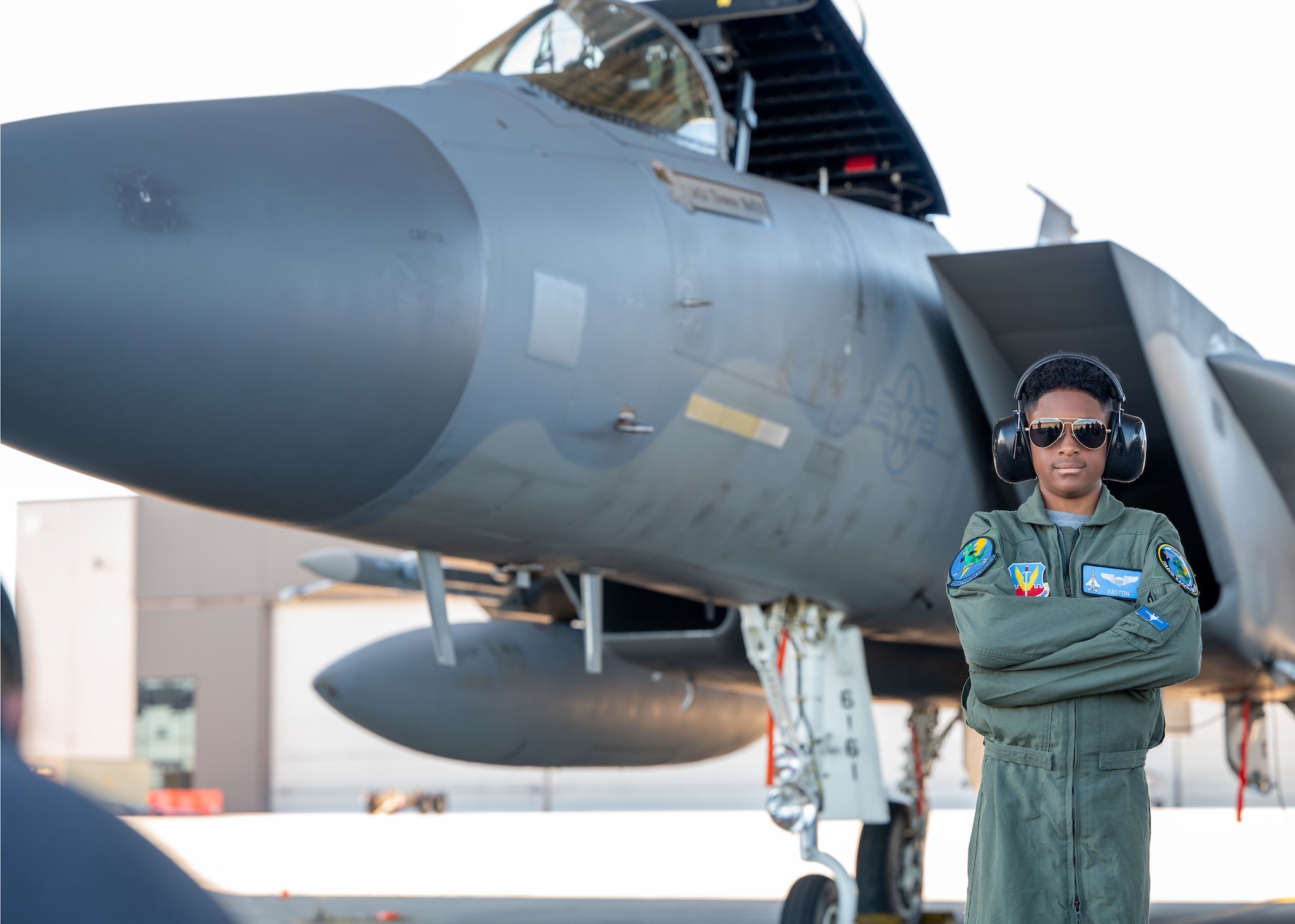 The 125th Fighter Wing, in collaboration with the Make-A-Wish organization, fulfilled the wish of 10-year-old Easton to become a fighter pilot at the Jacksonville Air National Guard Base, Florida, Dec. 7, 2023. Easton underwent an exciting transformation as he stepped into the shoes of an F-15C Eagle fighter pilot for the day. The day included a swear-in ceremony, a tour of the flight line where he had the opportunity to watch jets takeoff, a sit inside the cockpit of an F-15, and tours of the fire department and air traffic control tower located at Jacksonville International Airport. For the tour, Easton wore a custom made flight suit as an honorary “eagle driver” and was granted the aviator call sign “Vibin’” by pilots of the 159th Fighter Squadron. (U.S. Air National Guard photo by Tech Sgt. Chelsea Smith)