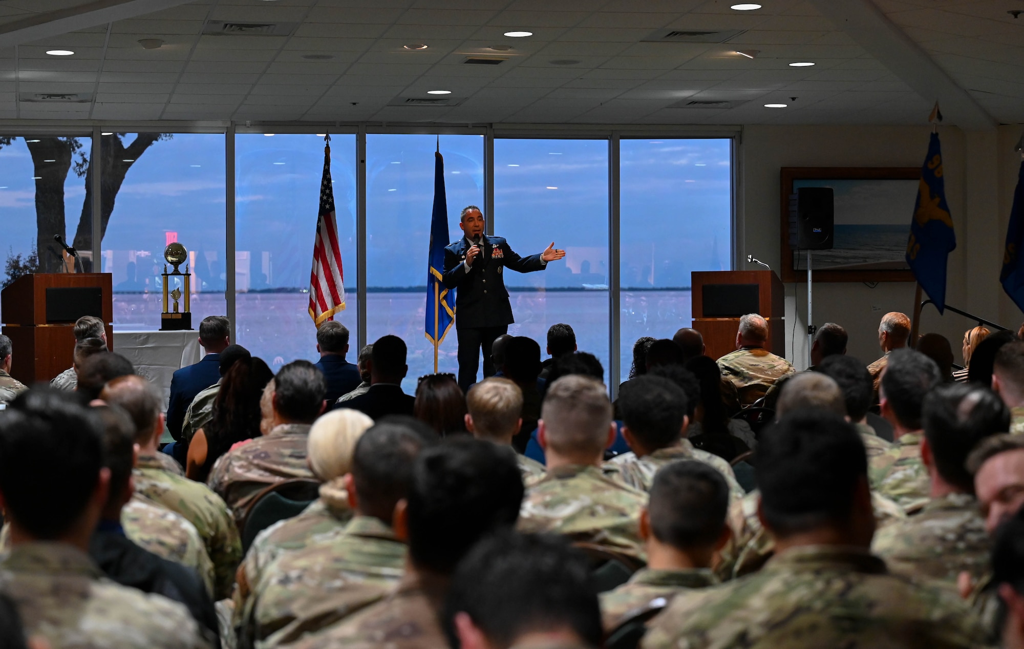 U.S. Air Force Col. Josh Koslov, 350th Spectrum Warfare Wing commander, gives closing remarks during the Airman Leadership School Class 24-Alpha graduation ceremony at Eglin Air Force Base, Fla., Dec. 7, 2023. The 350th SWW sponsored class 24-A and had the opportunity to speak to the students during their course, present the awards at graduation and give closing remarks. (U.S. Air Force photo by Capt. Benjamin Aronson)