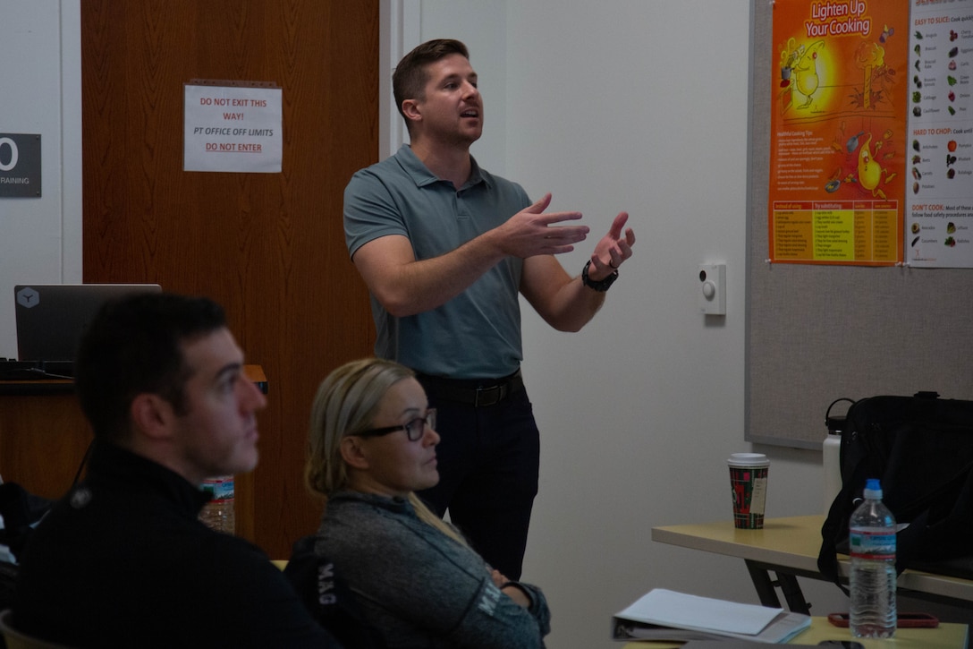 Nick Compton, the principal consultant for the Teamworks company, gives a presentation on Smartabase, a human performance optimization platform, at the Wallace Creek Fitness Center on Marine Corps Base Camp Lejeune, North Carolina, Nov. 15, 2023. The Smartabase platform will be implemented at the Marine Corps Community Services Warrior Athlete Readiness and Resilience Center to centralize and analyze the collected fitness data throughout a service member’s lifecycle.