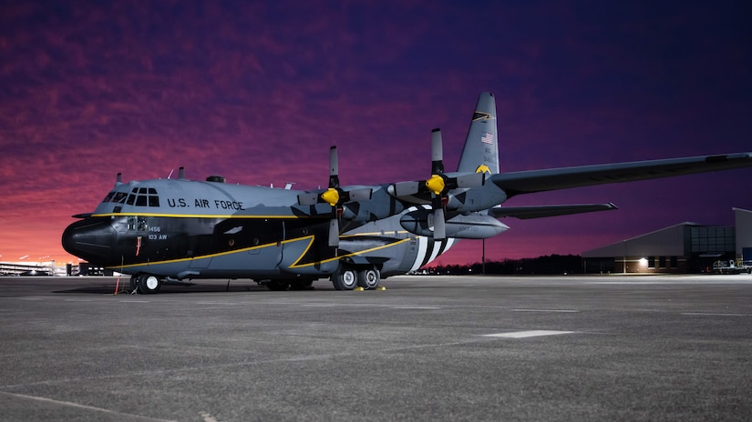 A C-130H aircraft, painted to commemorate the 100th anniversary of the 118th Airlift Squadron, Flying Yankees