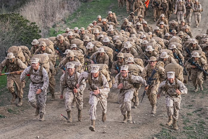 U.S. Marine Corps recruits with Lima Company, 3rd Recruit Training Battalion, hike the Reaper at Marine Corps Base Camp Pendleton, California, Dec. 6, 2023. The Reaper hike is the last event recruits must complete before they earn the title of United States Marine. (U.S. Marine Corps photo by Lance Cpl. Jacob B. Hutchinson)