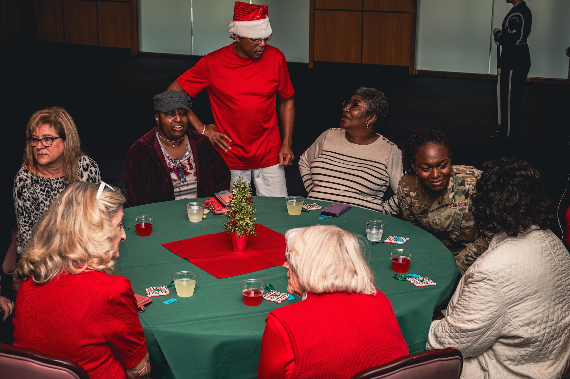 Veterans speak with each other at Air Force base.