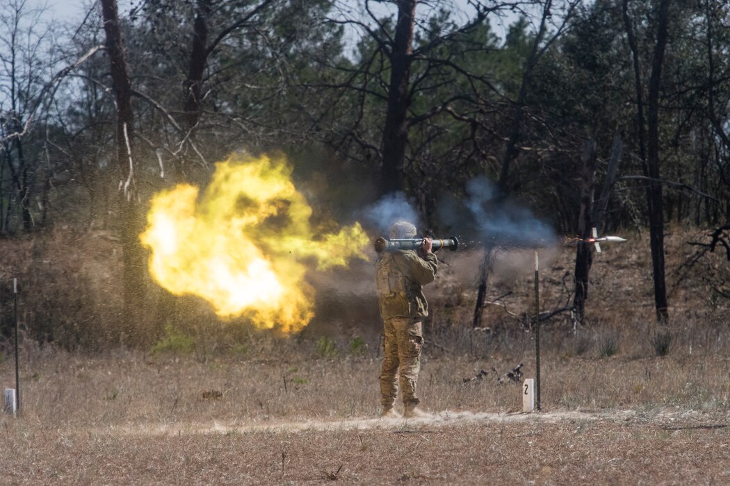 An Airman from the 824th Base Defense Squadron fires an M136E1 AT4-CS confined space light anti-armor weapon, Jan. 24, 2018, at Camp Blanding Joint Training Center, Fla. The Airmen traveled to Blanding to participate in Weapons Week where they qualified on heavy weapons ranging from the M249 light machine gun to the M18 Claymore mine. (U.S. Air Force photo by Senior Airman Janiqua P. Robinson)
