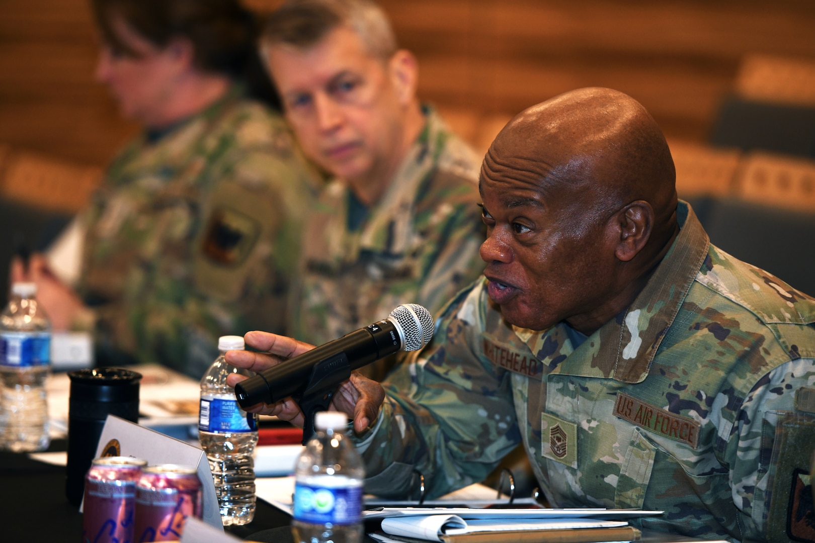 Senior Enlisted Advisor Tony Whitehead, SEA to the chief of the National Guard Bureau, questions a competitor during the 2023 National Guard Bureau Innovation Challenge at the Herbert R. Temple Jr. Army National Guard Readiness Center, Arlington Hall Station, Virginia, Dec. 7, 2023.