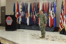 Sgt. Maj. Lisa M. Gandy takes charge of the CCoE's Non Commissioned Officer's Academy during a change of responsibility Dec. 4, 2023.