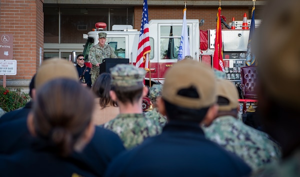 Surgeon General of the Navy Rear Adm. Darin Via speaks during a trauma center ribbon cutting ceremony in front of Naval Medical Center Portsmouth’s (NMCP) emergency room entrance on Dec. 8.