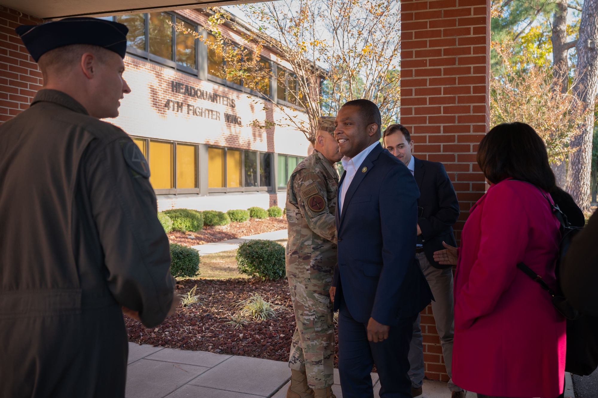 U.S. Air Force Col. Lucas Teel, 4th Fighter Wing Commander, greets Congressman Don Davis, a representative for North Carolina 1st congressional district, during a congressional delegation visit at Seymour Johnson Air Force Base, North Carolina on Nov. 20, 2023. Davis visited SJAFB to learn about its unique mission and to gain a better understanding of the challenges the military faces. (U.S. Air Force photo by Airman 1st Class Rebecca Sirimarco-Lang)