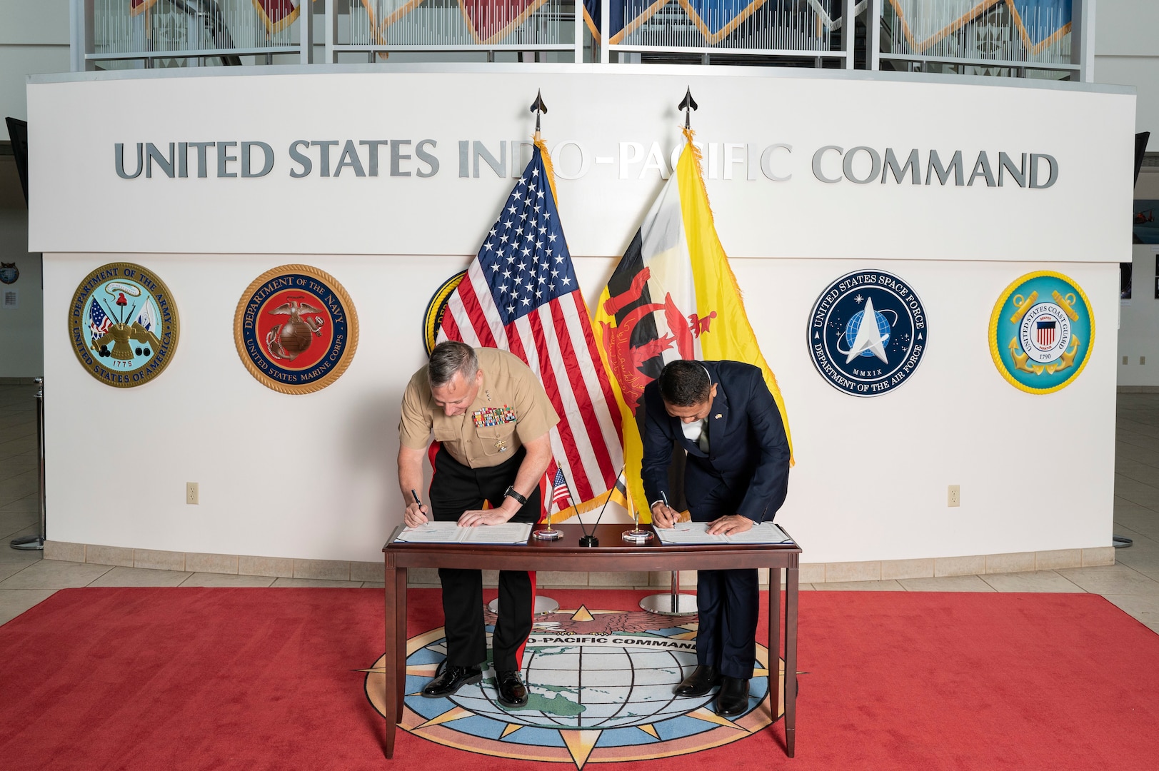 Lt. Gen. Stephen D. Sklenka, deputy commander, U.S. Indo-Pacific Command, hosted Dato Alirupendi, permanent secretary ministry of defense, State of Brunei Darussalam, at USINDOPACOM headquarters on Dec. 7, 2023, for the 16th joint defence working committee and the signing of the Section 505 Agreement. The bilateral engagement further builds upon the cooperation and interoperability between the two countries, codifies the exchange of diplomatic notes and assets, and demonstrates USINDOPACOM’s commitment to its Allies and partners to help ensure a free, open, and prosperous Indo-Pacific. (U.S. Army photo by Sgt. Austin Riel)